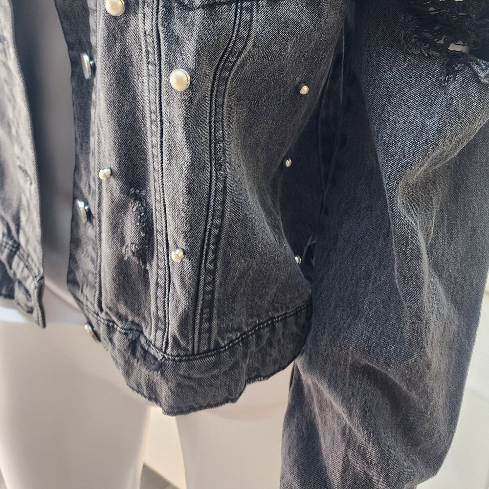 TINSEL Women’s Distressed Black Denim Jacket with Pearl Accents - Size S - Picture 10 of 12